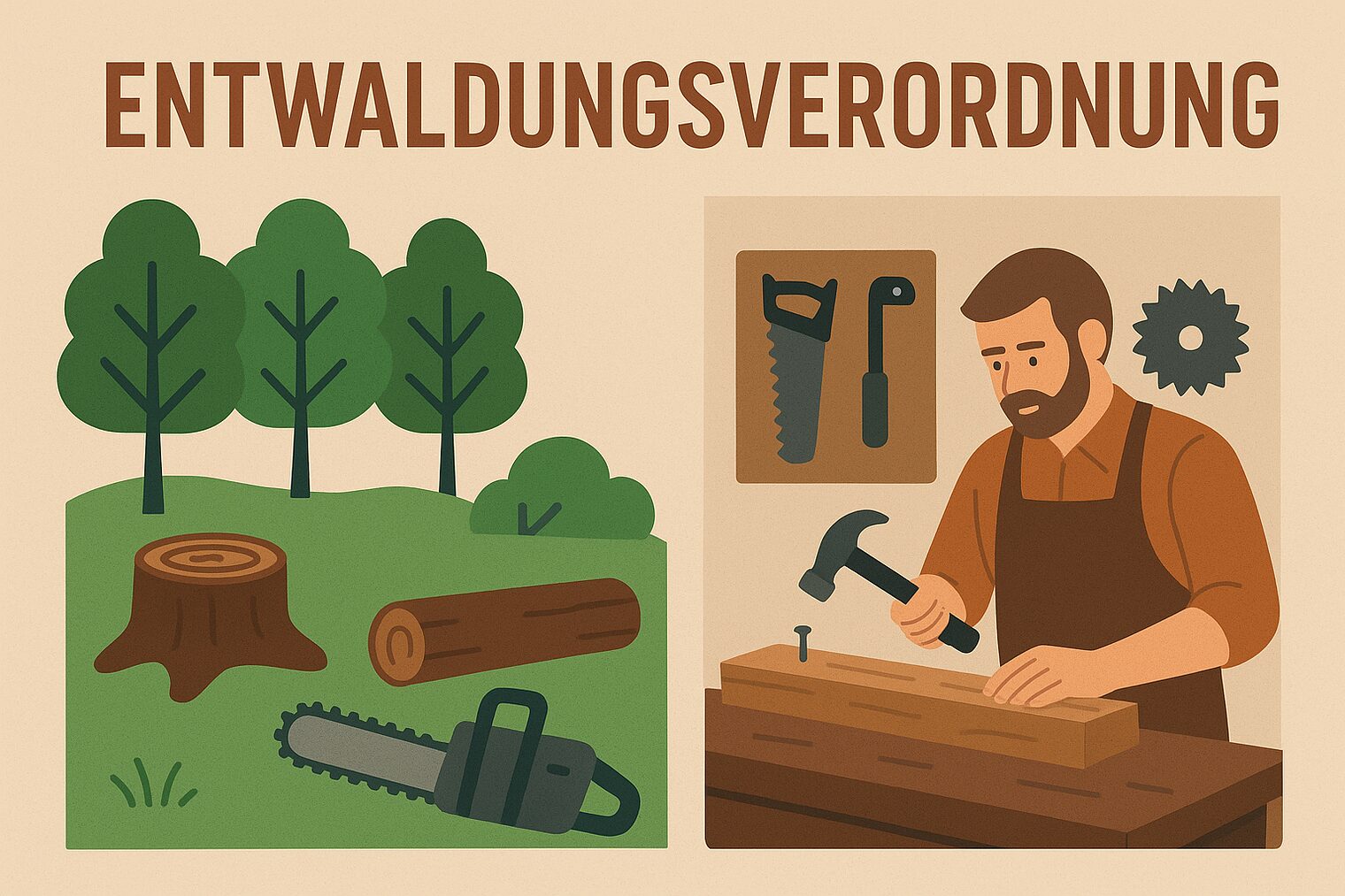 Grafik mit einem abgesägten Baum im Wald und einem Schreiner, der einen Nagel ins Holz schlägt.