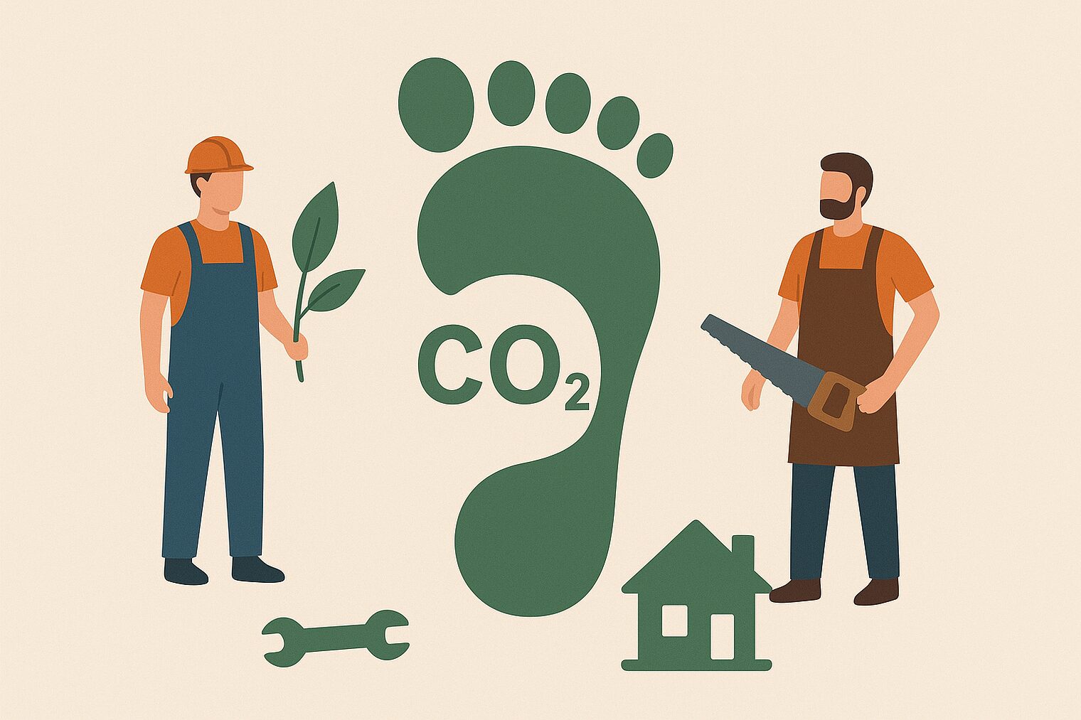 Collage eines CO2-Fußabdrucks mit verschiedenen Handwerkern mit Säge und Bauhelm und Schraubenschlüssel und Haus.