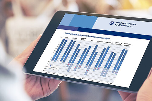 Tablet mit Ansicht von Daten zur Geschäftslage in den einzelnen Handwerkszweigen der HWK