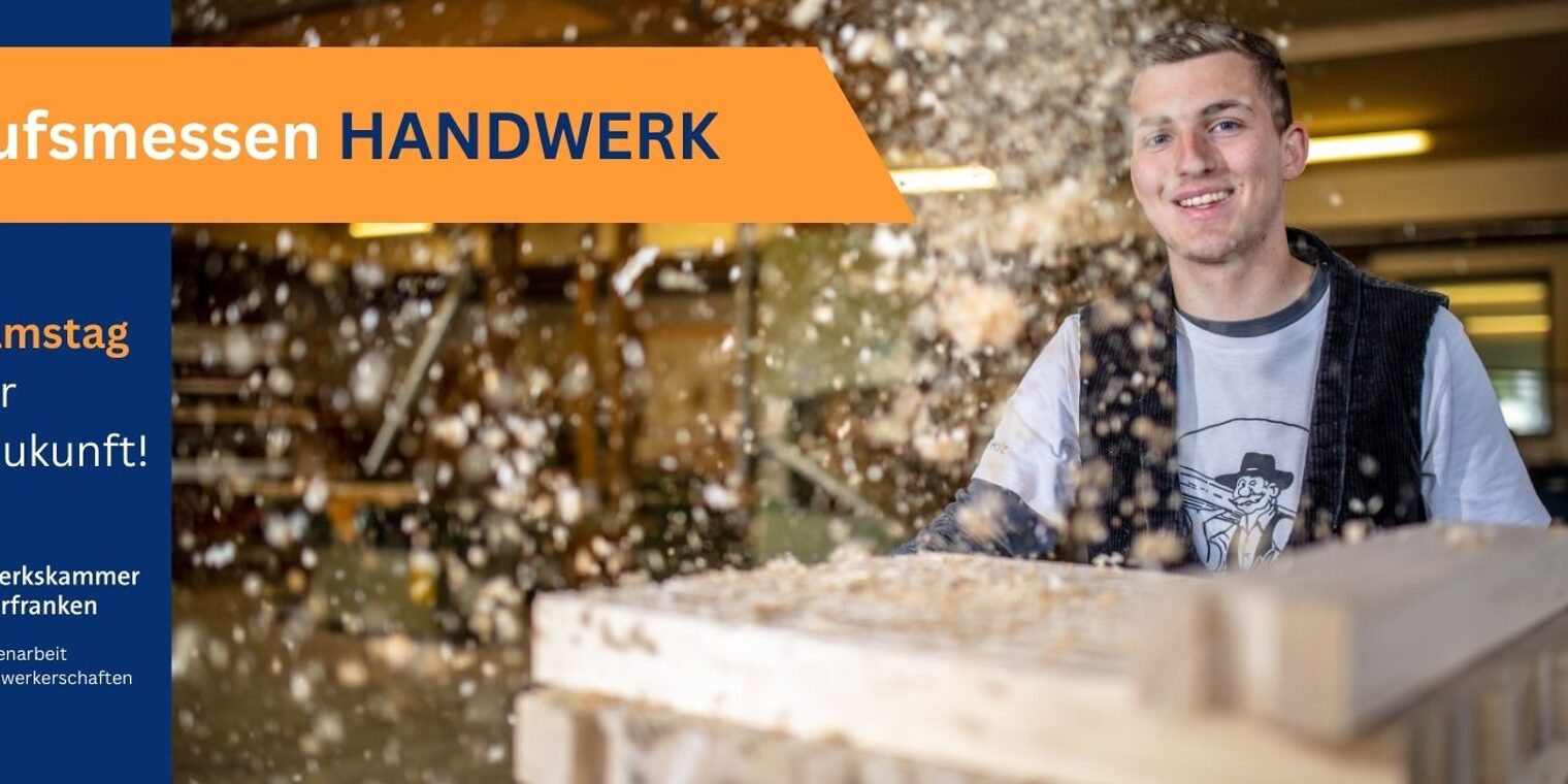Collage mit einem jungen Schreiner für die Berufsmessen des Handwerks. Dein Samstag für deine Zukunft. Handwerkskammer für Oberfranken in Zusammenarbeit mit den Kreishandwerkerschaften