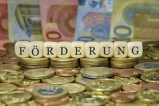 Schriftzug Förderung auf einem Haufen an Geldmünzen und Scheinen