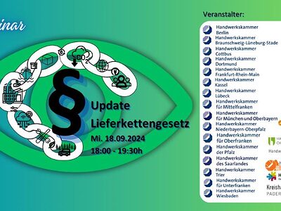 Webinar zum Lieferkettengesetz am 18.09.2024. Grafik für ein Webinar zum Lieferkettengesetz mit einer stilisierten Kette und Paragraphenzeichen