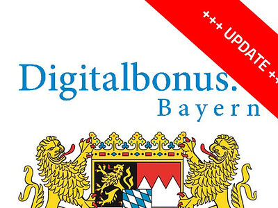Logo des Digitalbonus Bayern mit dem bayerischen Staatswappen und einem roten Banner mit der Aufschrift "+++ UPDATE +++