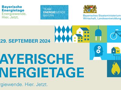 Plakat für die Bayerischen Energietage 2024 – Energiewende. Hier. Jetzt. Plakat für die Bayerischen Energietage 2024 mit dem Datum 21.-29. September 2024. Enthält Logos und Symbole zu erneuerbarer Energie.