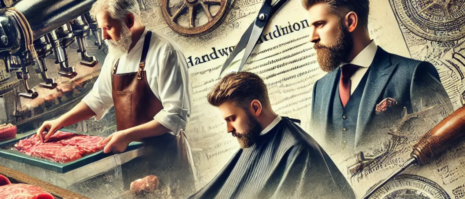 Collage eines Metzgers und Friseurs mit Kunden, umgeben von Arbeitsgegenständen wie Scheren und Zangen