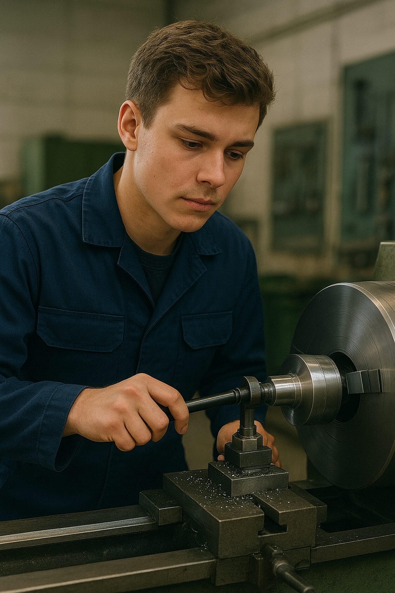 Ein junger Mann arbeitet an einer Drehmaschine.