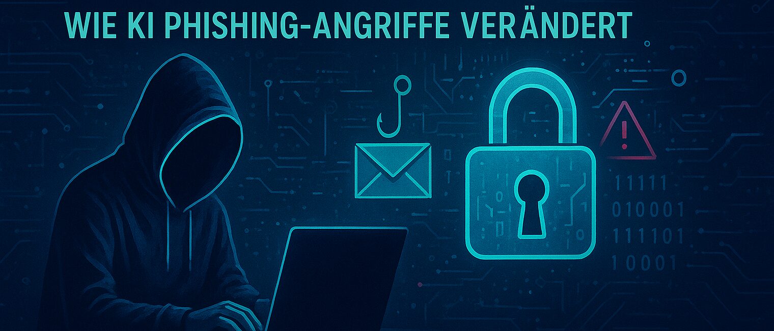 KI-generiertes Bild mit Mann im Hoodie am Laptop mit dem Schriftzug Cyberangriff erkennen und richtig handeln Wie KI-Phishing Angriffe verändert 