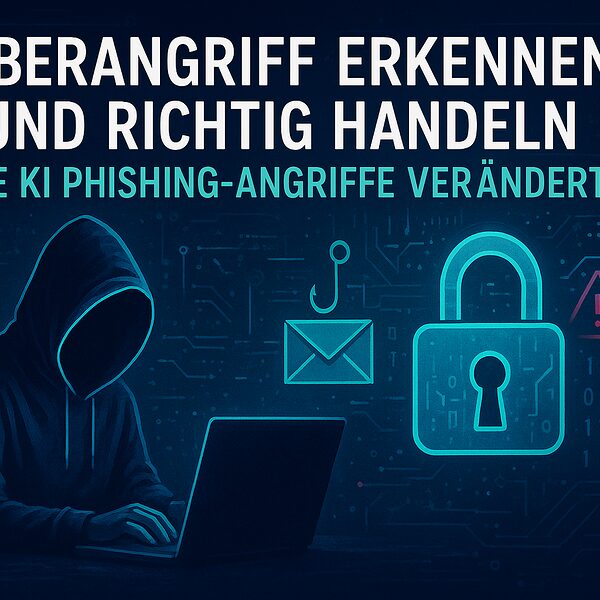 KI-generiertes Bild mit Mann im Hoodie am Laptop mit dem Schriftzug Cyberangriff erkennen und richtig handeln
