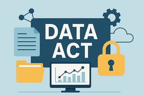 Grafik zum Data Act mit Dokumentensymbol, Ordnersymbol Bildschirm und Vorhängeschloss
