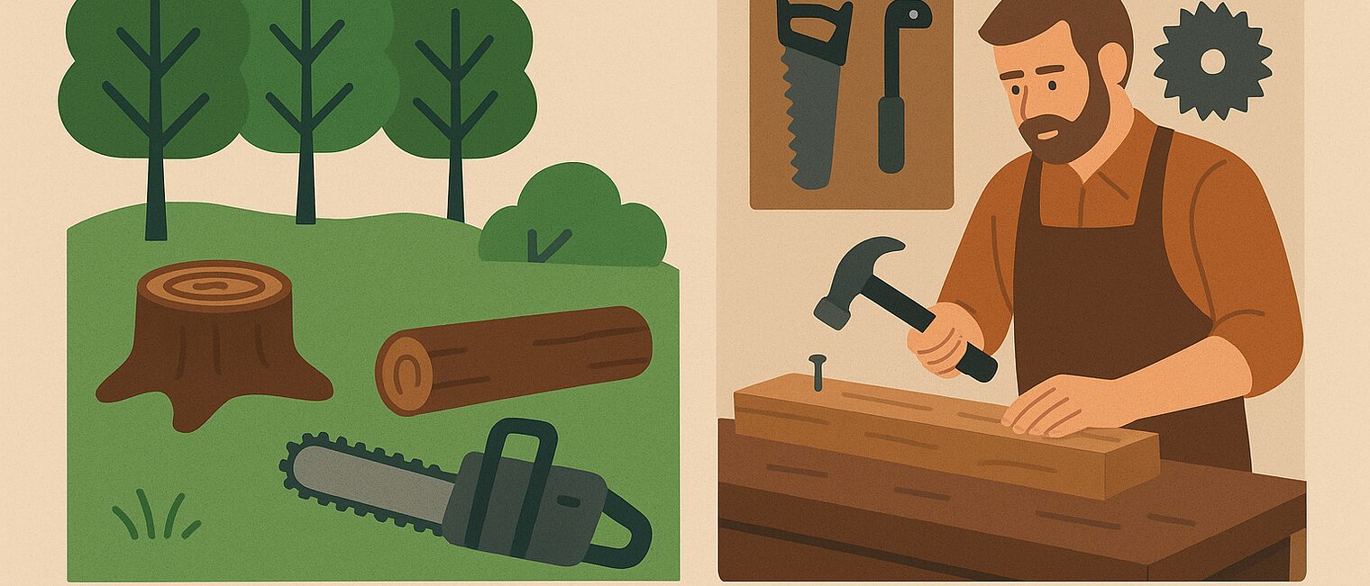 Grafik mit einem abgesägten Baum im Wald und einem Schreiner, der einen Nagel ins Holz schlägt. 