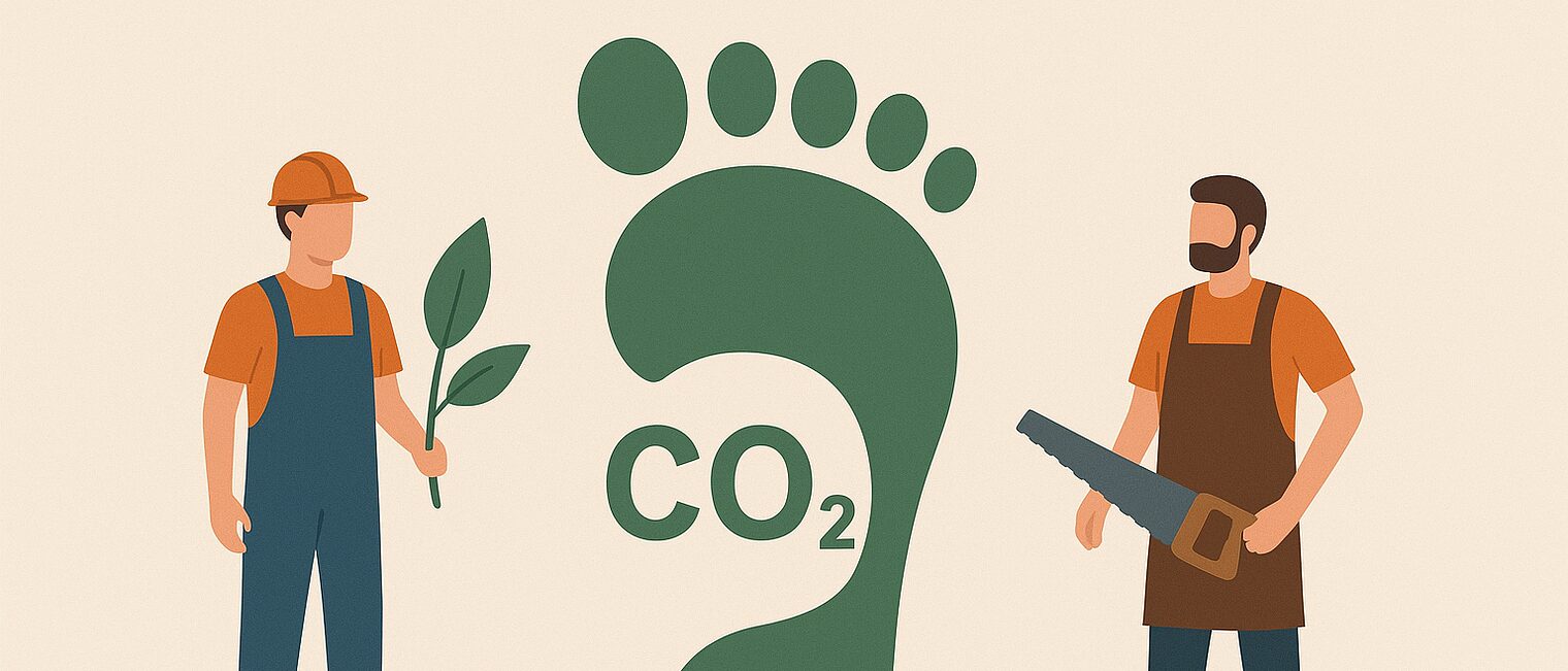 Collage eines CO2-Fußabdrucks mit verschiedenen Handwerkern mit Säge und Bauhelm und Schraubenschlüssel und Haus.