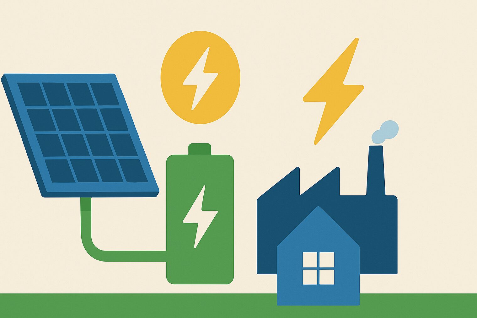 Collage mit Sonarpanel, Batteriespeicher und Fabrik