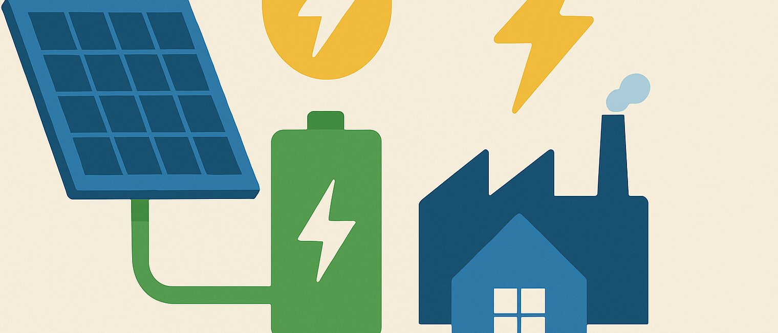 Collage mit Sonarpanel, Batteriespeicher und Fabrik