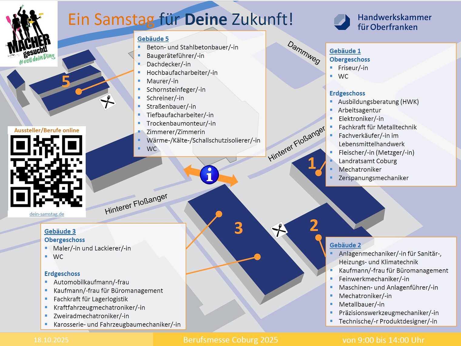 Lageplan der Berufsmesse Handwerk in Coburg mit allen Berufen in den verschiedenen Gebäuden