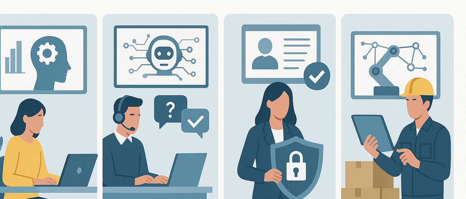 Eine KI-generierte Collage mit verschiedenen Feldern zu KI im Betrieb im Büro, Kundenservice, Datenschutz und Lagerverwaltung 