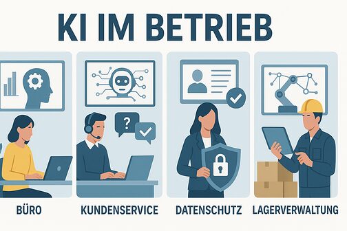 Eine KI-generierte Collage mit verschiedenen Feldern zu KI im Betrieb im Büro, Kundenservice, Datenschutz und Lagerverwaltung