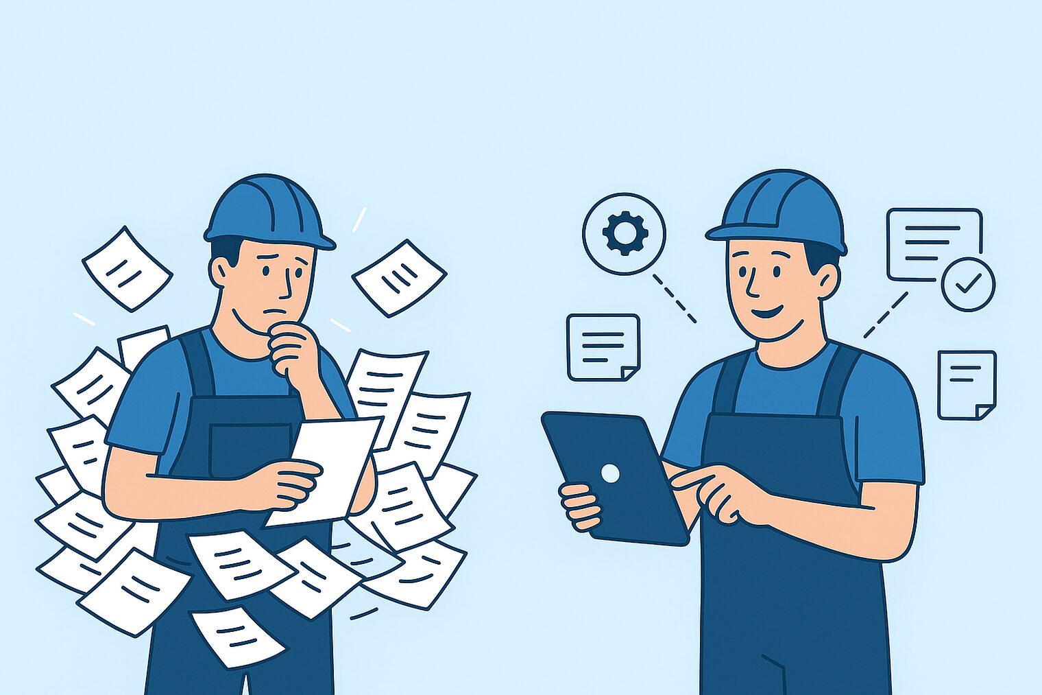 Collage eines Handwerkers im Zettelchaos und mit Tablet