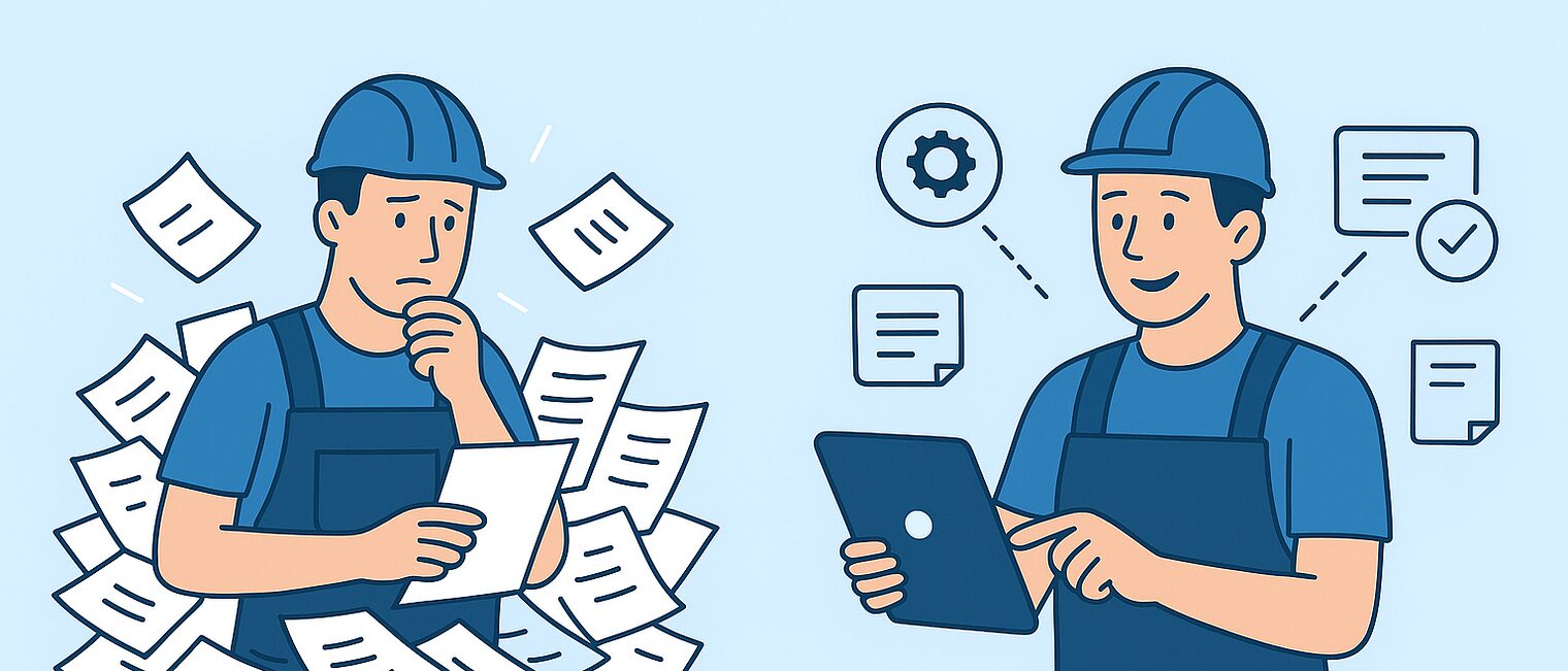 Collage eines Handwerkers im Zettelchaos und mit Tablet