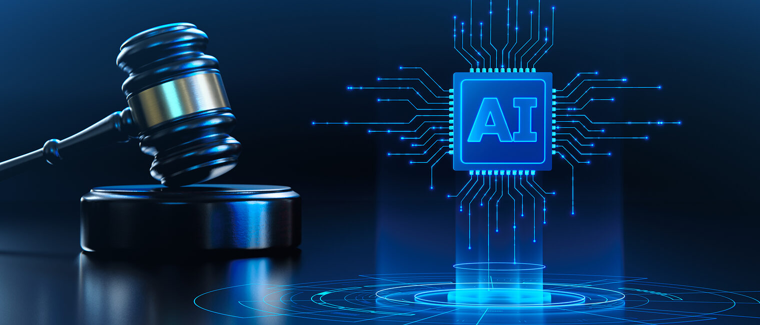 Digitales KI-Symbol mit Datenströmen neben einem Gerichtshammer.