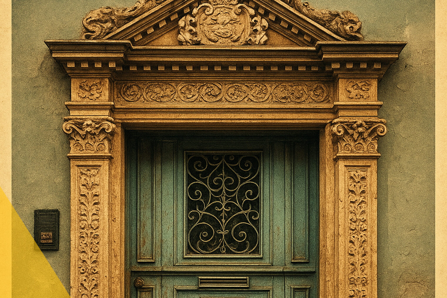 Poster mit einem kunstvoll gestalteten Tor mit alter Tür und dem Schriftzug Welterbe und Handwerk 16.10. - 31.12.2025 Ausstellung Workshops 