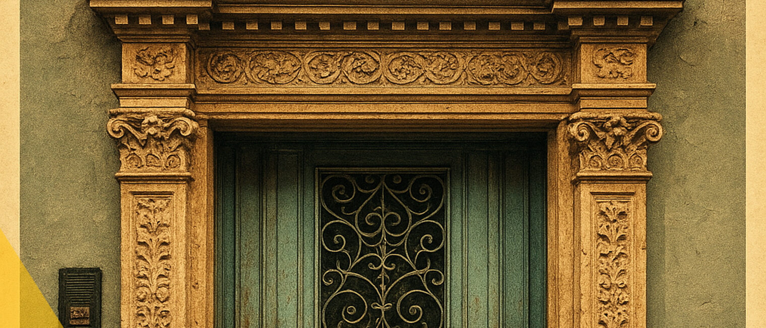 Poster mit einem kunstvoll gestalteten Tor mit alter Tür und dem Schriftzug Welterbe und Handwerk 16.10. - 31.12.2025 Ausstellung Workshops 