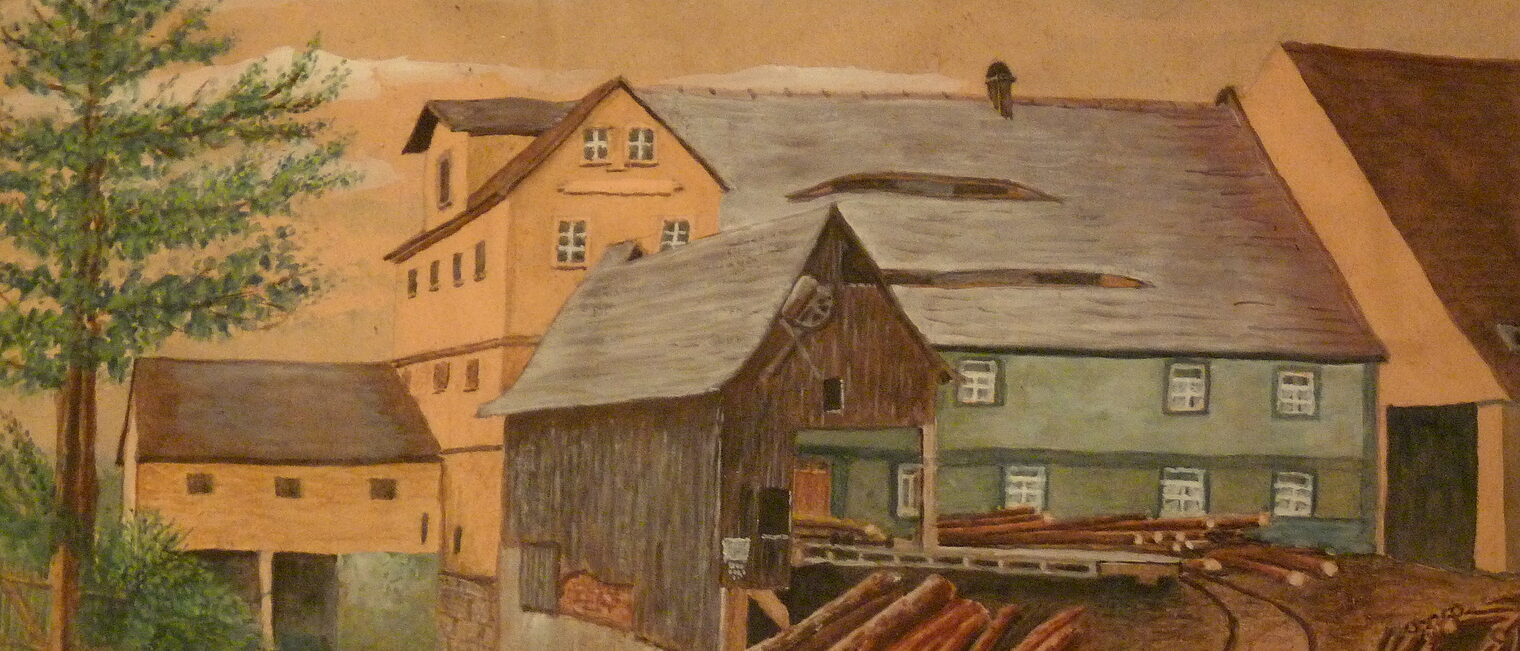 Historisches Gemälde, das die Mühle in den 1950er Jahren zeigt