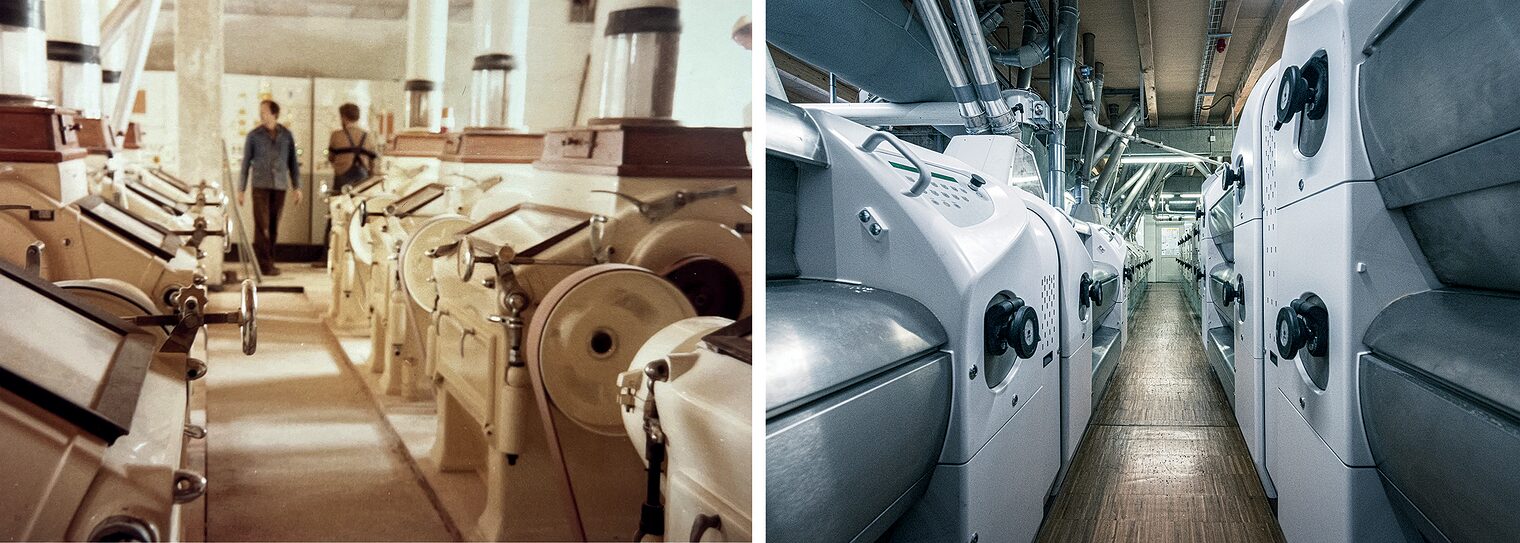 Collage der mechanischen Walzenstühle versus die vollautomatisierten Walzenstühle