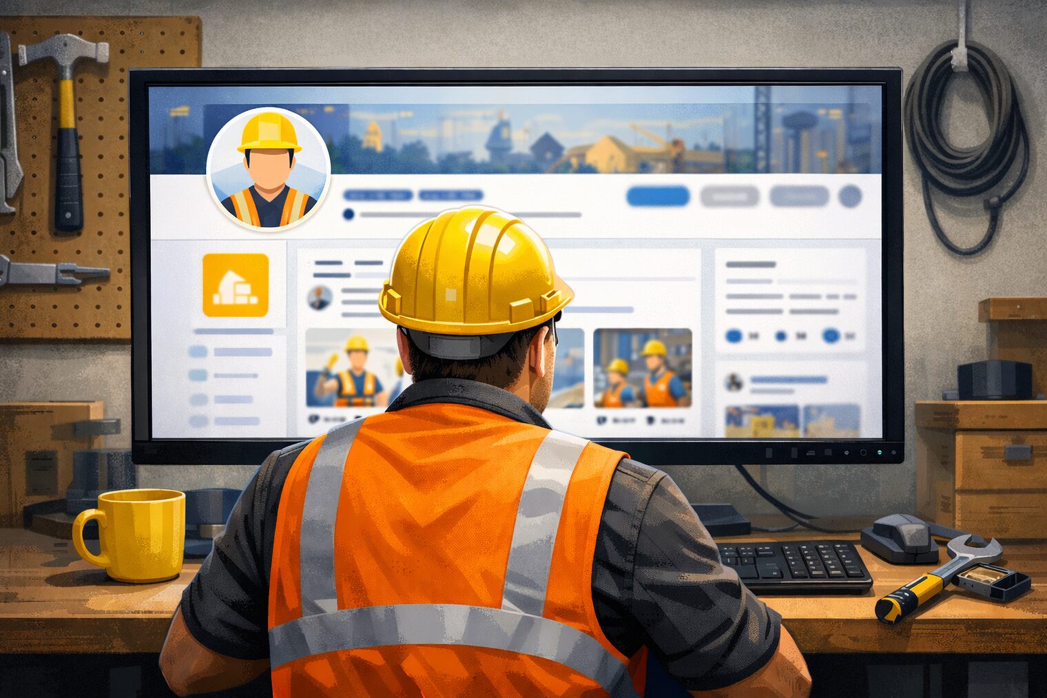 Ein Handwerker in Baustellenkleidung sitzt vor einem Computer, auf dem ein Social-Media-Account des Betriebs zu sehen ist.