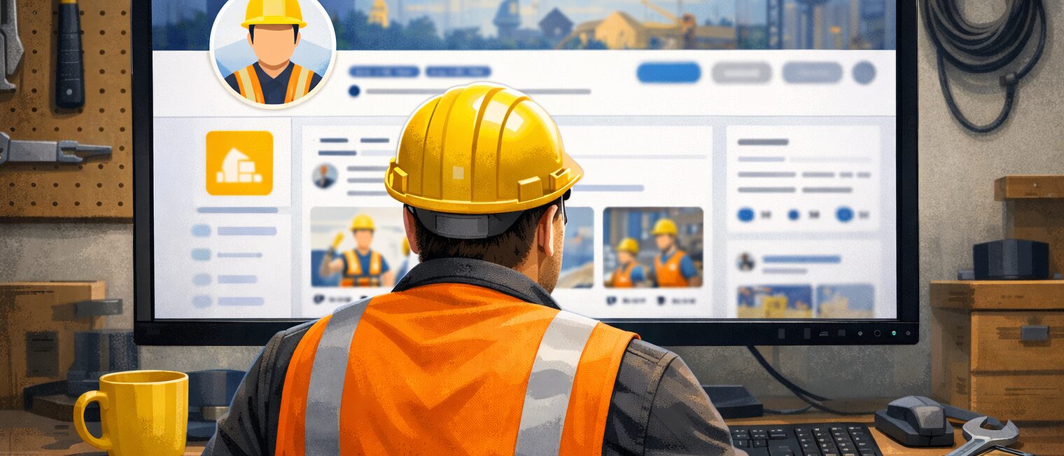 Ein Handwerker in Baustellenkleidung sitzt vor einem Computer, auf dem ein Social-Media-Account des Betriebs zu sehen ist.