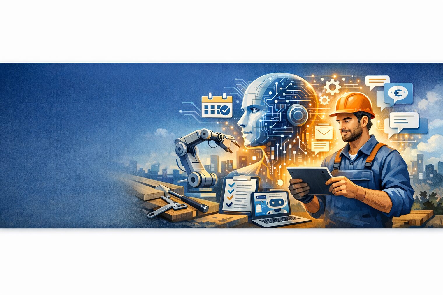 Collage von KI-Lösungen für das Handwerk vom Roboterarm bis zur Kostenverwaltung