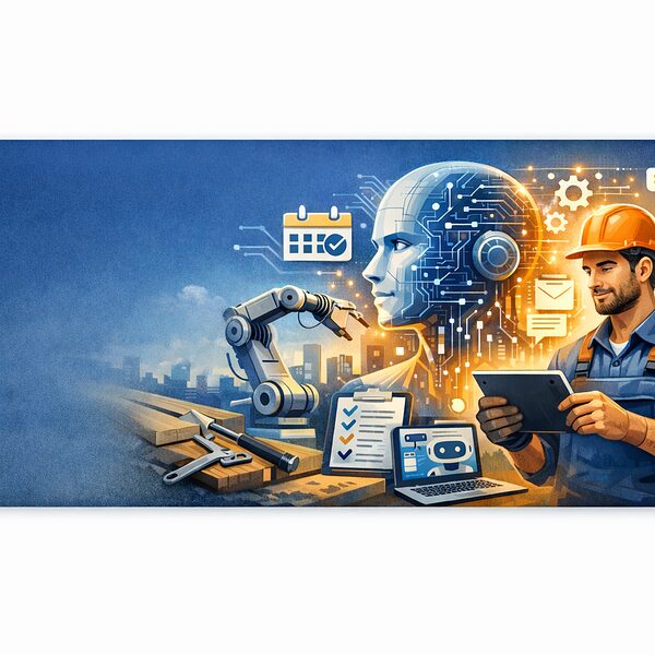 Collage von KI-Lösungen für das Handwerk vom Roboterarm bis zur Kostenverwaltung