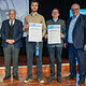 HWK-Präsident Matthias Graßmann, Kreishandwerksmeister Karl-Michael Hopf, die Kammersieger Jonas Albrecht, Tim Laugsch und Elias Hauenstein und HWK-Hauptgeschäftsführer Reinhard Bauer 