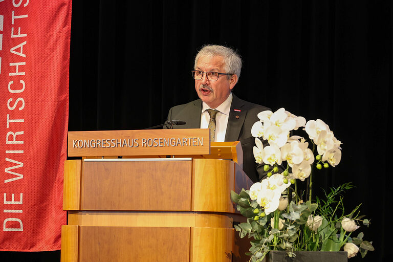 HWK-Vorstandsmitglied Wolfgang Amon hält eine Rede. 