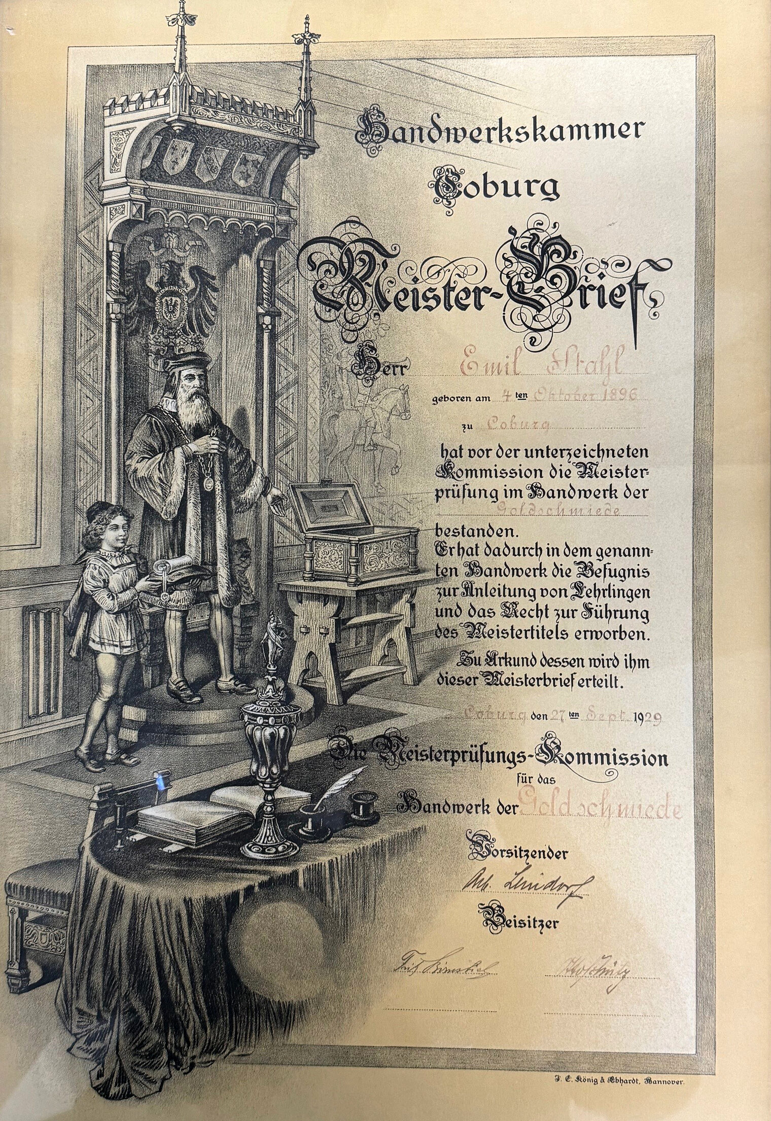 Meisterbrief von Emil Stahl aus dem Jahr 1929