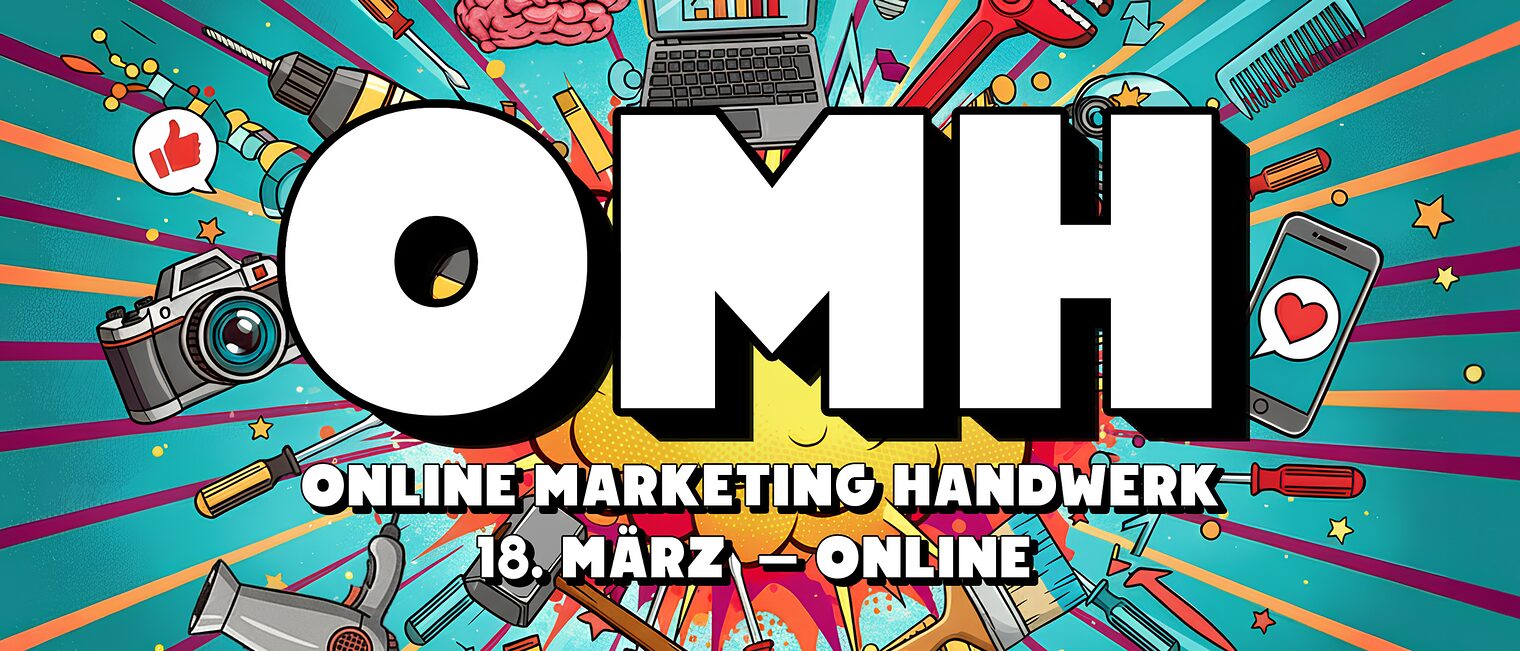 Grafik zur Veranstaltung Online Marketing Handwerk am 18. März mit Bildern für Laptops, Fotoapparate und Social-Media-Symbolen