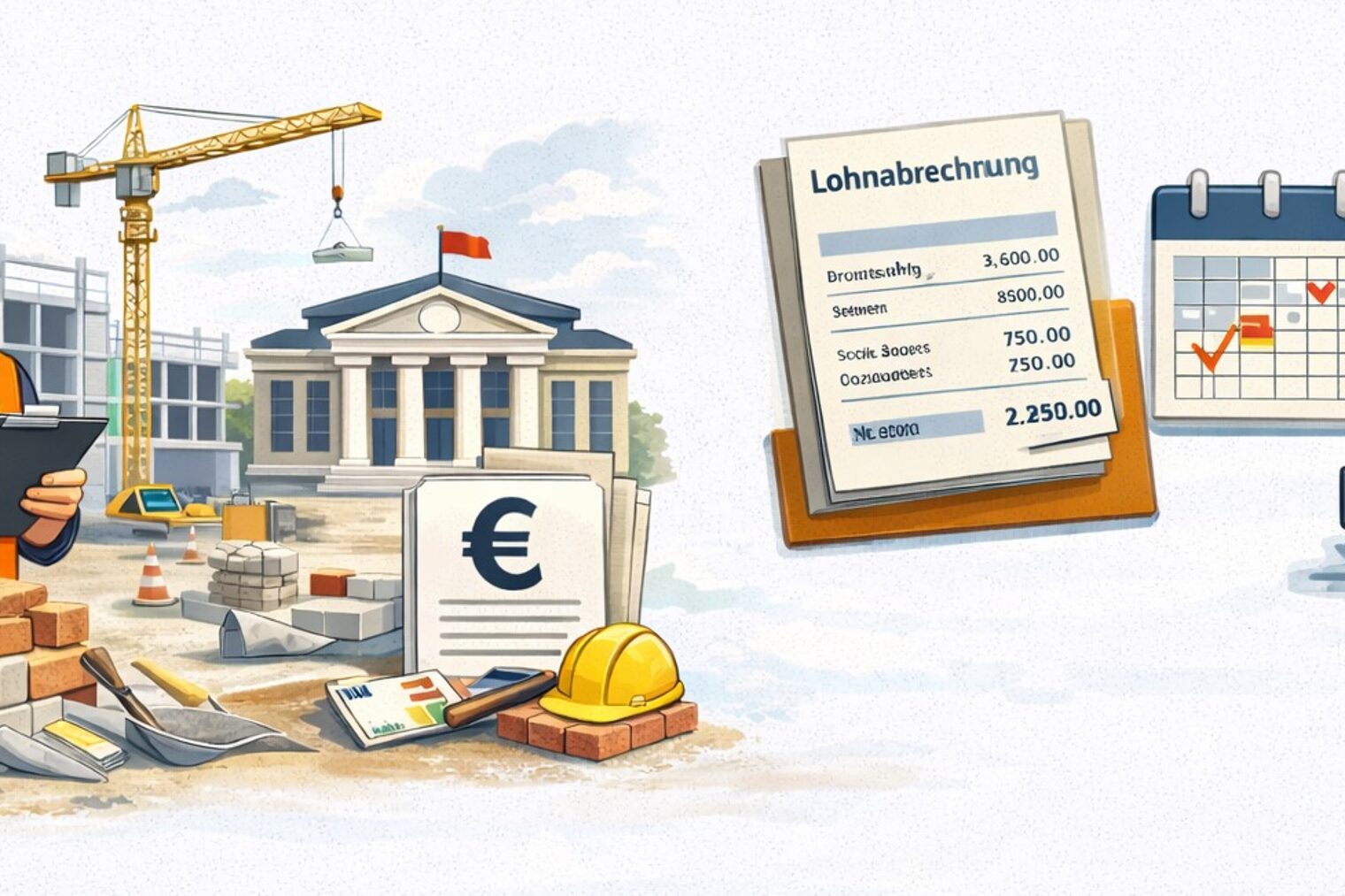 Collage zum Tariftreuegesetz mit Handwerker aus dem Baubereich und Baustelle mit Kran sowie Dokumentationsunterlagen 