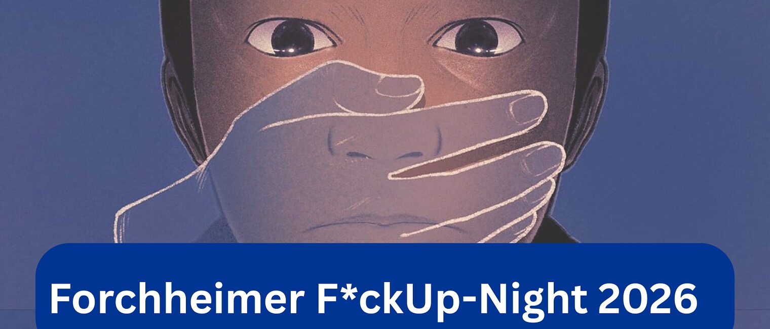 Eine Grafik zur Forchheimer Fuck Up Night 2026. Fehler feiern statt verstecken. Eine Frau hält sich den Mund zu. 