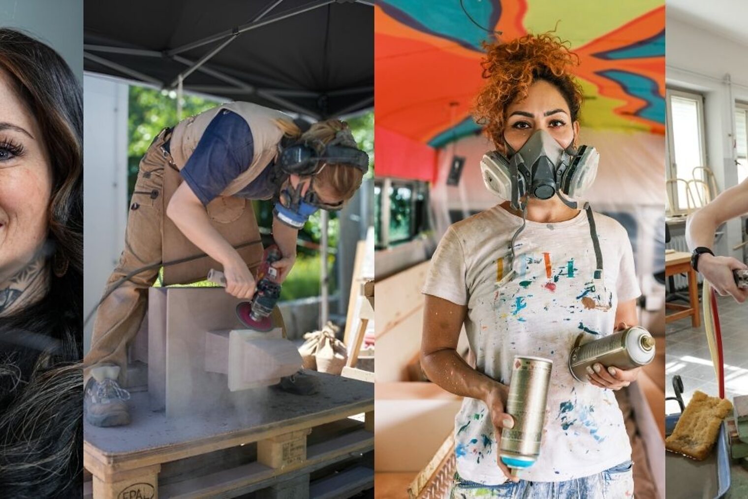Collage mit Frauen, die in verschiedenen Handwerksberufen arbeiten.