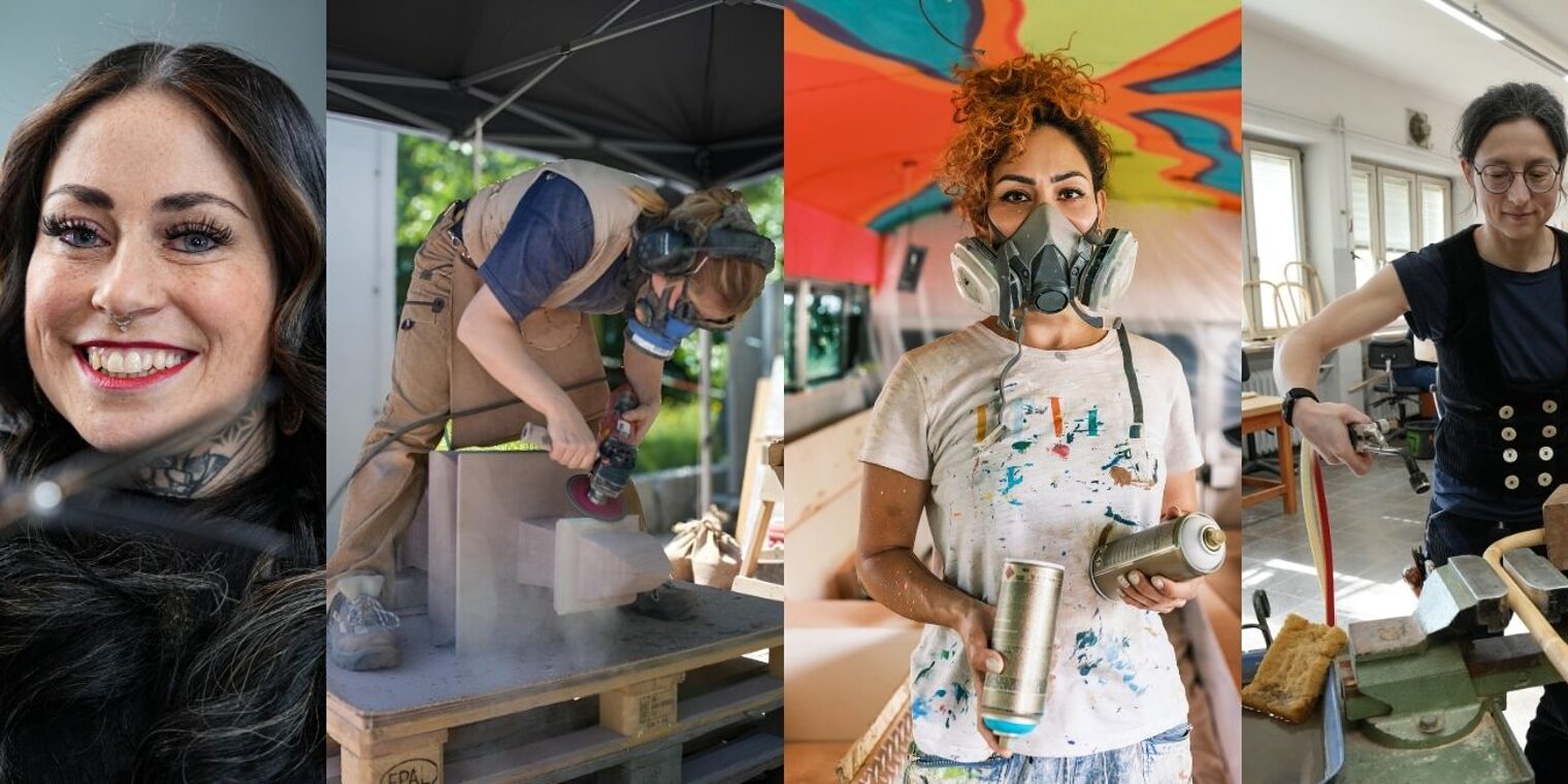 Collage mit Frauen, die in verschiedenen Handwerksberufen arbeiten.