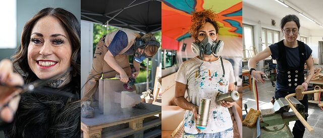 Collage mit Frauen, die in verschiedenen Handwerksberufen arbeiten.
