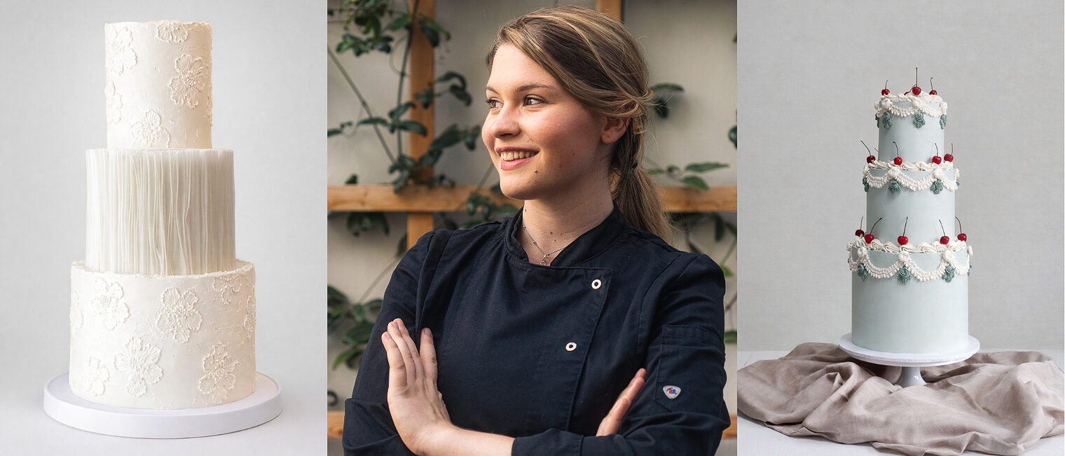 Collage von zwei Hochzeitstorten und einer zufriedenen lächelnden Konditormeisterin