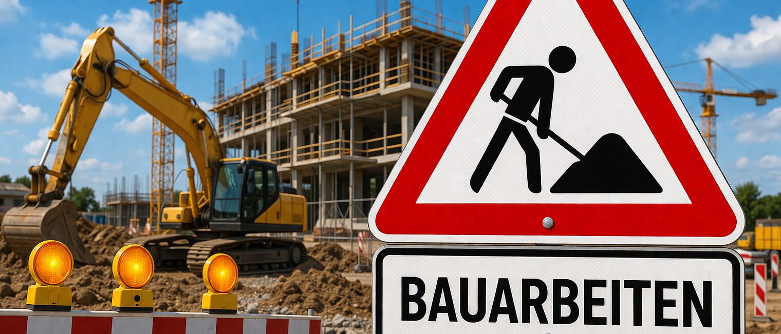 Collage einer Baustelle mit einem Kran, Absperrzäunen und einem Warnschild mit der Aufschrift Bauarbeiten