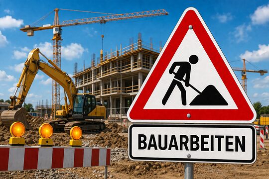 Collage einer Baustelle mit einem Kran, Absperrzäunen und einem Warnschild mit der Aufschrift Bauarbeiten