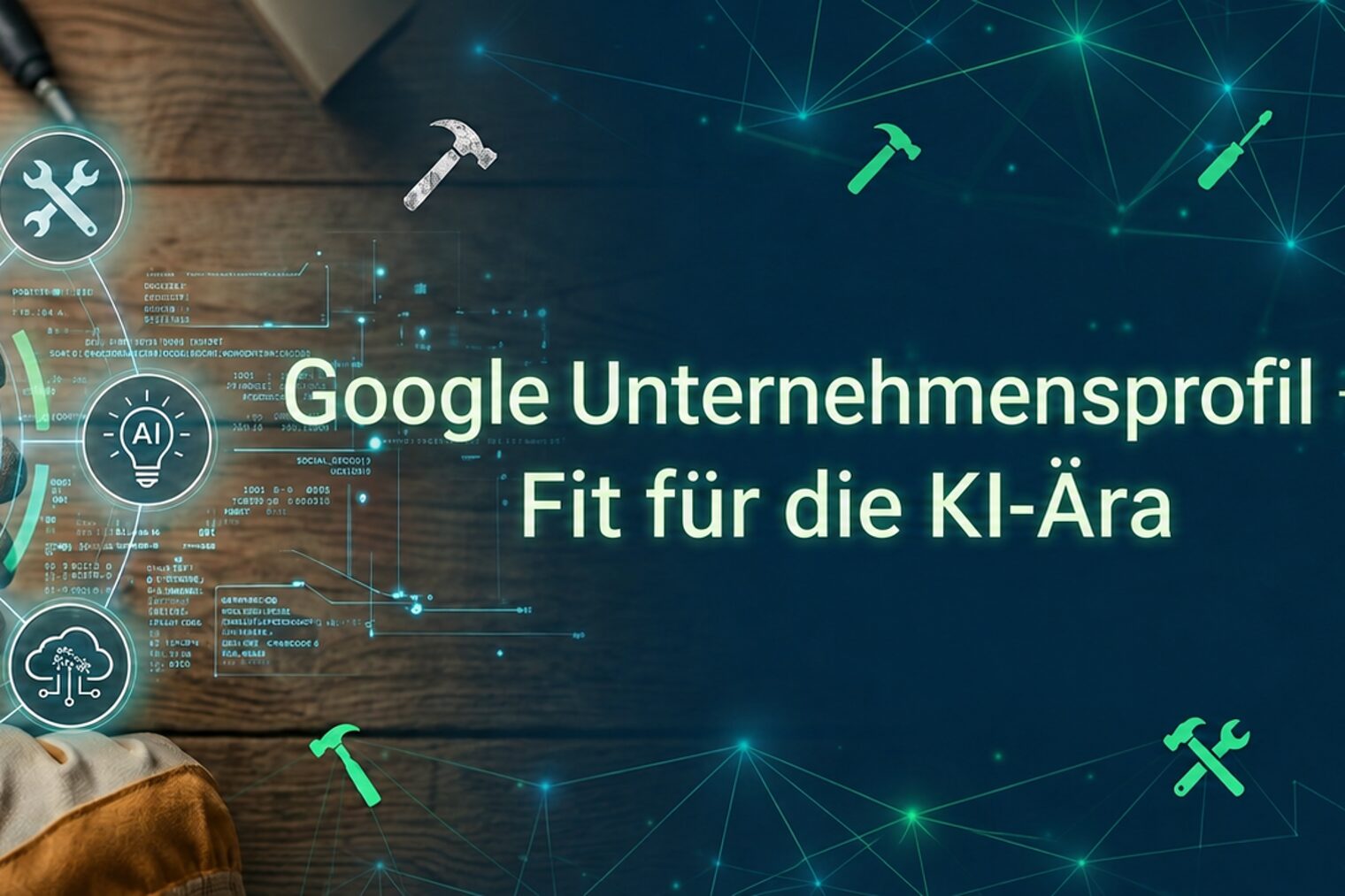 Grafik zum Webinar Google Unternehmensprofil - Fit für die KI-Ära mit einem Handy, auf dem ein Unternehmensprofil zu sehen ist