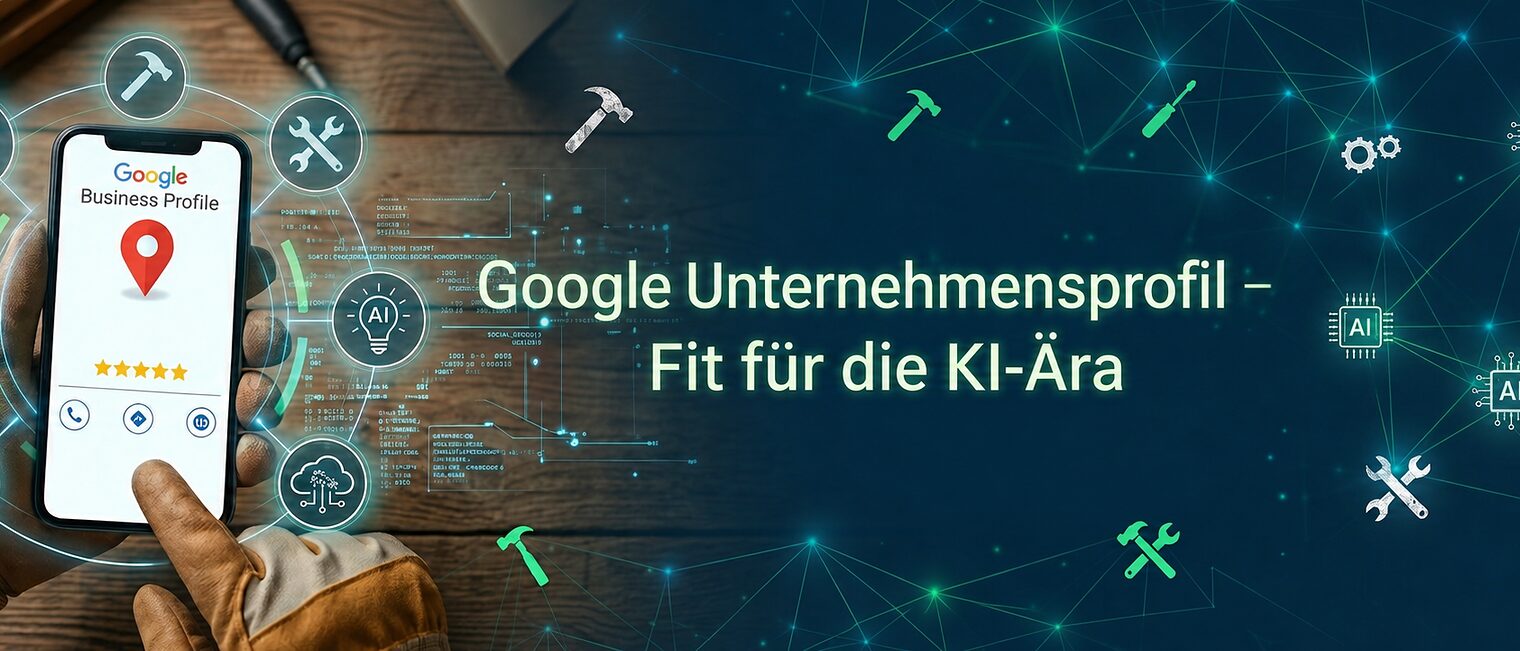 Grafik zum Webinar Google Unternehmensprofil - Fit für die KI-Ära mit einem Handy, auf dem ein Unternehmensprofil zu sehen ist