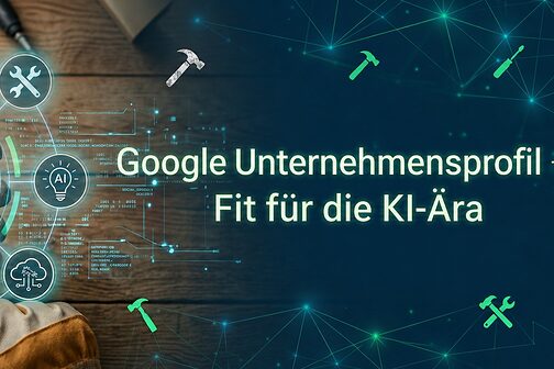 Grafik zum Webinar Google Unternehmensprofil - Fit für die KI-Ära mit einem Handy, auf dem ein Unternehmensprofil zu sehen ist