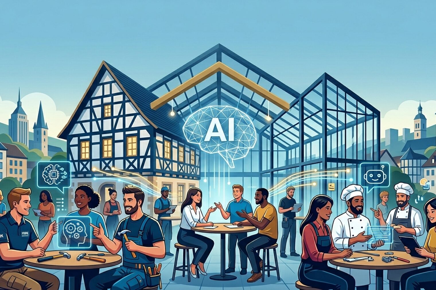 Menschen in einem Café, die sich gemeinsam über die KI austauschen.