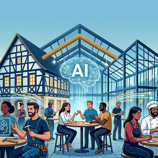 Menschen in einem Café, die sich gemeinsam über die KI austauschen.