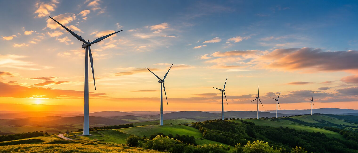Eine Reihe an Windrädern steht auf einem Hügel.