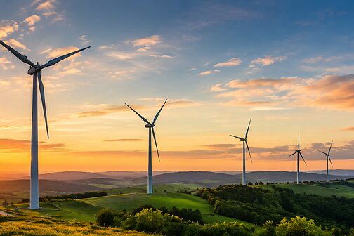Eine Reihe an Windrädern steht auf einem Hügel.